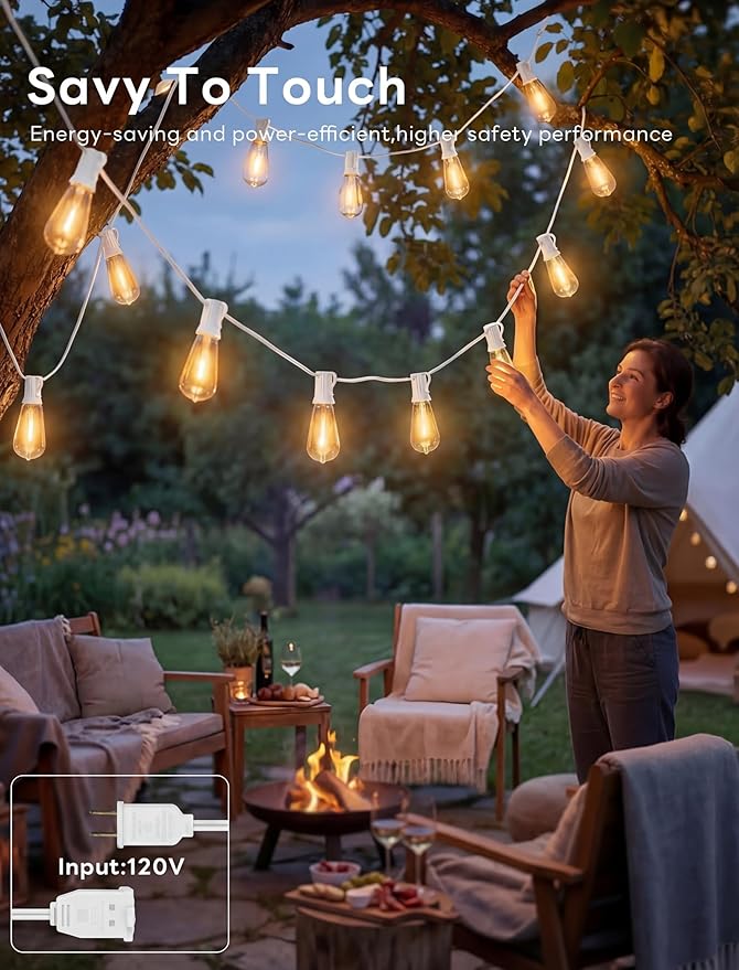 50FT Outdoor String Lights Weatherproof, Patio Lights with 25+2 Shatterproof ST40 Edison Bulbs, Commercial Grade Warm White LED String Lights for Wedding Backyard Christmas Party, White