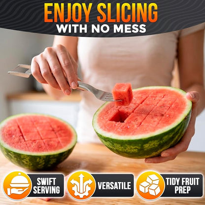 Stainless Steel Watermelon Cutter Slicer Tool 2-in-1, Precise Chunks | Watermelon Slicer Tool & Serving Fork in One; Slices Cubes Mess-Free; for Melon, Cantaloupe & Dragon Fruit; Summer Parties