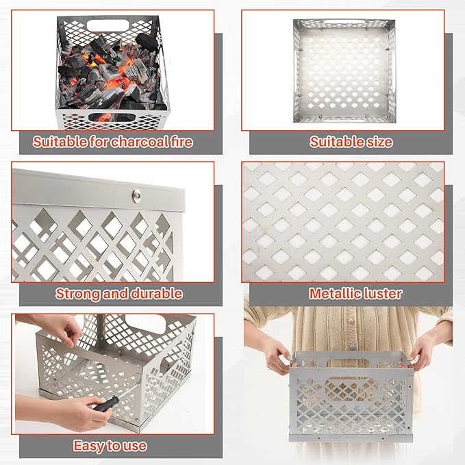 Pasimy Charcoal Basket, Stainless Steel Charcoal Fire Basket for Offset Smoker, 12 x 12 x 7.5'' Grill Accessories for Smoker BBQ Grill Accessories
