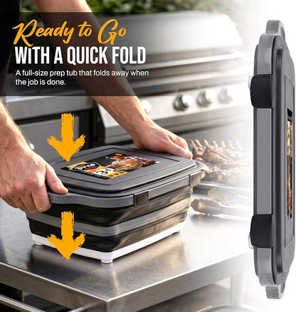 XL Collapsible BBQ Prep Tub with Lid & Cutting Board 3-in-1 by Smoker Chef - 7.9 Gal - 24"L x 17.8"W x 10"D