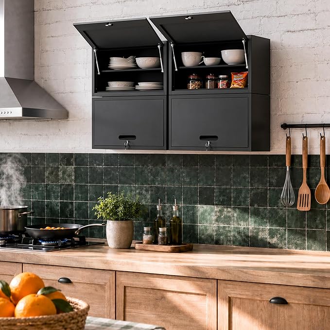 Garage Wall Cabinet with Flip-Up Door and Shelf, Lockable Metal Storage Cabinet Wall Mounted, Hanging Tool Cabinet for Garage Basement Utility Room, Black