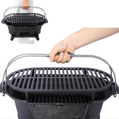 Cast Iron Hibachi Grill Outdoor, Japanese Yakitori Grill for Camping, Small Portable Charcoal Hibachi Grills, Cast Iron, with Double-Sided Grate, for Indoor Outdoor BBQ (2, Built-in handle)