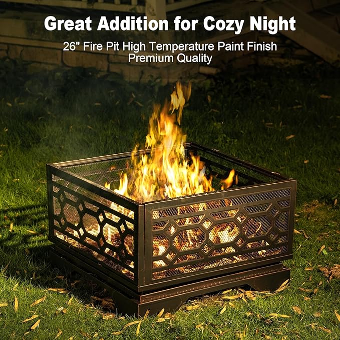 Florise Outdoor Fire Pit, 26 Inch Wood Burning Firepit for Outside with Mesh Cover & Fire Poker, Large Square Metal Fireplace for Patio, Backyard, Garden, Bonfire Party