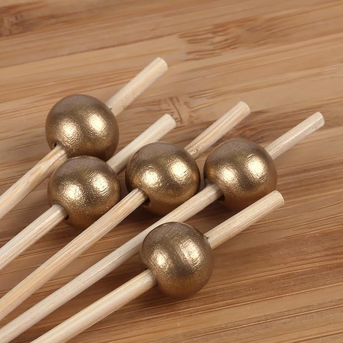 BambooMN Decorative Ball End Cocktail Fruit Sandwich Picks Skewers for Catered Events, Holiday's, Restaurants or Buffets Party Supplies - 4.7" Gold, 100 pcs