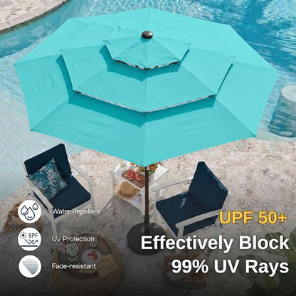 10ft 3 Tier Patio Umbrella, Outdoor Market Table Umbrella with UPF 50+ Vented Canopy, 8 Sturdy Ribs, Easy Push Button Tilt and Crank, Windproof for Deck, Pool, Backyard and Garden