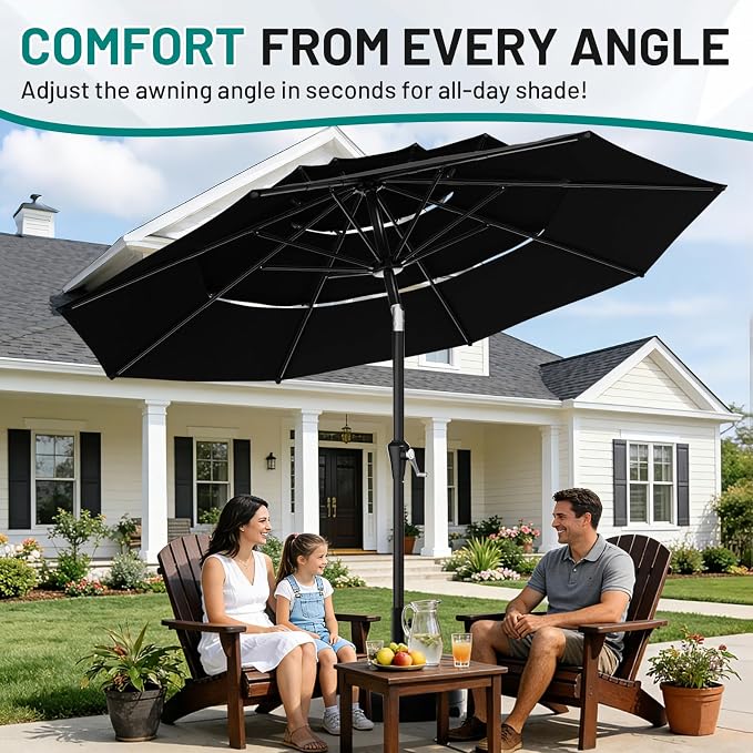 AreShark 9ft 3-Tier Patio Umbrellas, Outdoor Umbrella with 8 Sturdy Ribs UV Protection Windproof, Market Table Umbrella w/Push Button Tilt & Crank for Pool, Porch, Deck, Garden(Black)