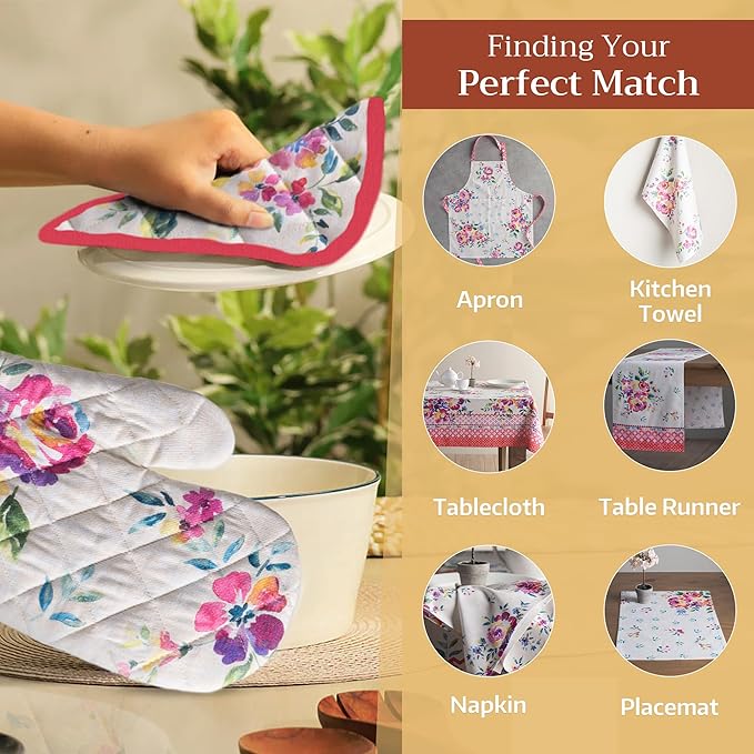 Maison d' Hermine Pot Holders 100% Cotton Heat Resistant Potholders 8" x 8" Hot Pads with Loop BBQ Cooking Baking Hotel Farmhouse Kitchen Handling Hot Pans Spring Summer (Pack of 1, Rose Garden)