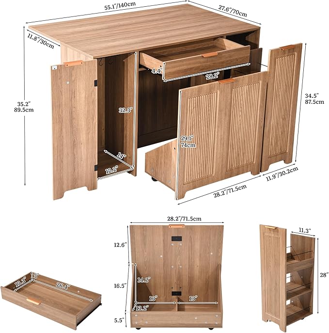 YITAHOME Expandable Kitchen Island with Hidden Trash Cabinet, 55.1" Rolling Kitchen Island with Drop Leaf, Storage Drawer & 3-Tier Side Shelves, Mobile Kitchen Island on Wheels with Towel Bar & Hooks