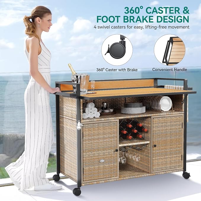 YITAHOME XL Outdoor Kitchen Wicker Island Rolling Cart Bar Table & Storage | Wheels and Plastic Wood Extended Table Top, Double Handle for Patio Kitchen or Bar Cart,Light Yellow Gradient