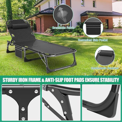 LILYPELLE Folding Chaise Lounge Chair with Pad, Patio Sun Tanning Chair | 5-Position Outdoor Chaise Lounger,Portable Beach Lounge Chair for Outdoor Sunbathing Patio Pool Lawn Deck Poolside