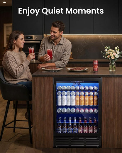 24 Inch Beverage Refrigerator 180 Cans | Under Counter Glass Door | 24 in beverage refrigerator, 180 cans, glass door, LED, lock, built-in or freestanding, quiet cooling for home, bar, kitchen