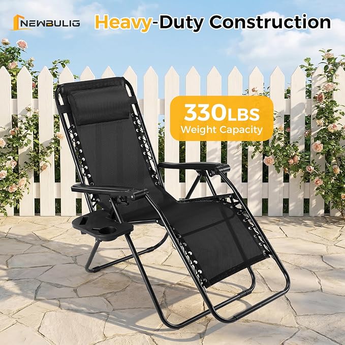 NEWBULIG Zero Gravity Chairs Set of 2, Folding Lounge Chair, Matte Black | Portable Lawn Camping Recliner with Adjustable Pollow, Mesh Back, Cup Holder Trays for Pool Beach Patio