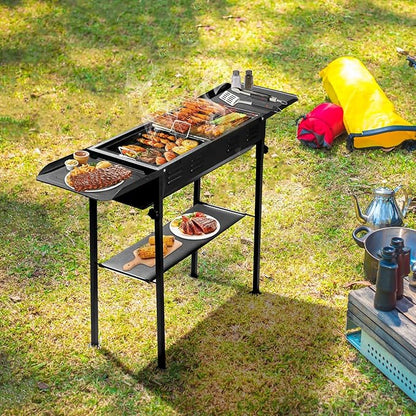 Portable Charcoal Grills for Outdoor BBQ, Large Barbecue Smoker with Adjustable Height, Foldable Kabob Cooking Grill for Garden Backyard Party Camping Picnic, Black