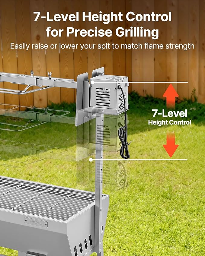 VEVOR Rotisserie Grill, 38W Stainless Steel BBQ Outdoor Pig & Lamb Spit Roaster, 132 LBS Capacity Charcoal Spit Roaster with Wheels & 7-Level Height, Electric Rotisserie Grill Kit for Camping Outdoor