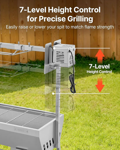 VEVOR Rotisserie Grill, 38W Stainless Steel BBQ Outdoor Pig & Lamb Spit Roaster, 132 LBS Capacity Charcoal Spit Roaster with Wheels & 7-Level Height, Electric Rotisserie Grill Kit for Camping Outdoor