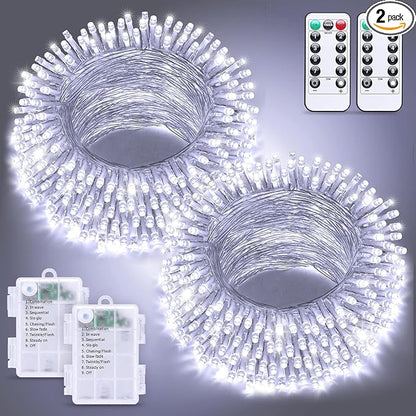 JMEXSUSS 2 Pack White Battery Operated String Lights, Each 33ft 100 LED | Wedding Lights Outdoor Indoor, 8 Modes Christmas Lights with Remote Waterproof for Wedding Front Porch Yard House Room Decor