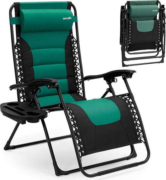 SereneLife Padded Zero Gravity Lounge Chair - Reclining Patio Chairs - Outdoor Lounge Chairs with Detachable Cup Holder Tray - Folding Recliner Chair with Removable Pillows - 1, Green and Black
