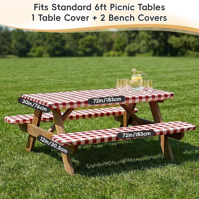 SquarePie Picnic Table Cover with Bench Covers - Waterproof Fitted Elastic Tablecloth for 6 FT Tables - Washable Polyester Camping Table Cloth for Patio RV BBQ (Burgundy Red Checkered,30"x72")