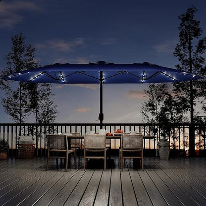 15FT Outdoor Patio Umbrella,Double-Sided Rectangle Market Umbrella with 36 LED Solar Lights & Base,UV50+ Weather-Resistant Oversized Outdoor Umbrella,Crank Lift,3-Way Shade for Pool,Garden,Backyard