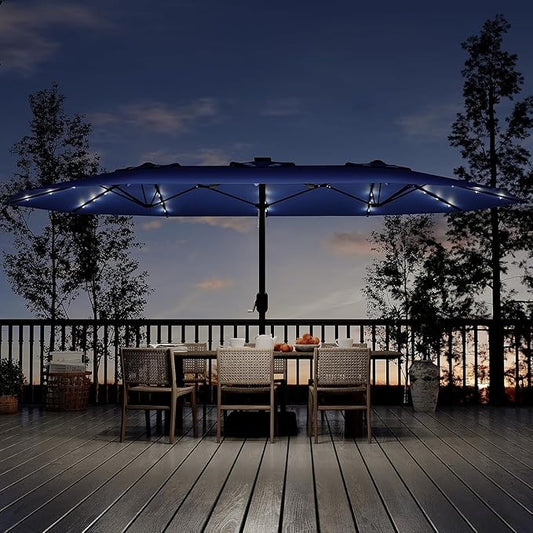 15FT Outdoor Patio Umbrella,Double-Sided Rectangle Market Umbrella with 36 LED Solar Lights & Base,UV50+ Weather-Resistant Oversized Outdoor Umbrella,Crank Lift,3-Way Shade for Pool,Garden,Backyard