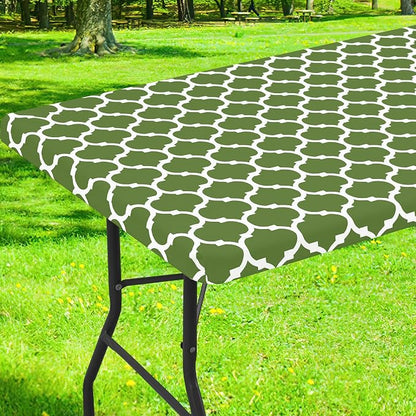 Smiry Picnic Fitted Table Cover, 8 Foot Flannel Backed Vinyl Tablecloth | Waterproof Elastic Stretch Table Cloth, Wipeable Plastic Tablecloth for Camping, Indoor & Outdoor (Green, 30" x 96")