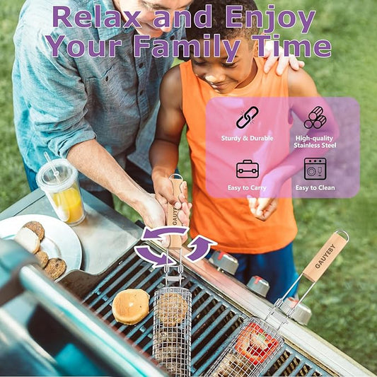 Rolling Grill Basket, 2PCS Grill Baskets for Outdoor Grill, REMOVABLE HANDLE, Anti-Scorch Stainless Steel BBQ Net Tube for Meat, Shrimp, Vegetables, BBQ Gifts for Dad, Husband (Octagon+Round)