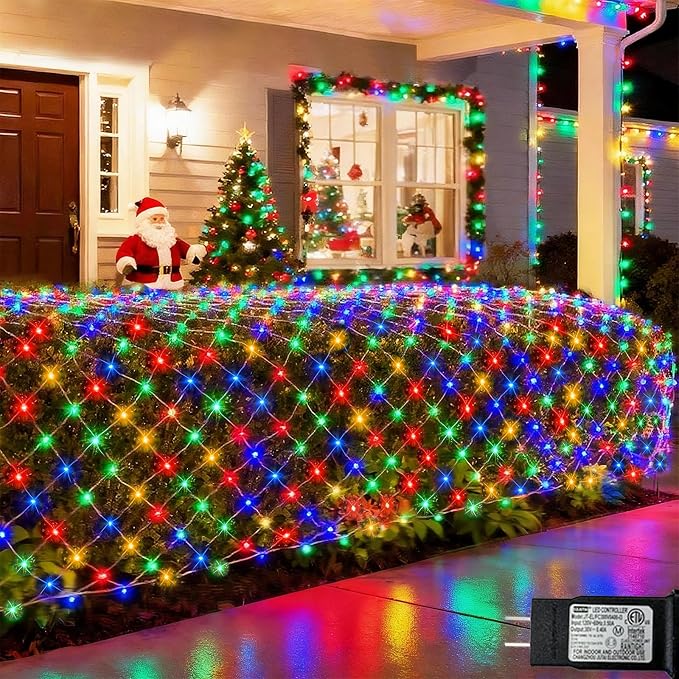 Pooqla Colorful Net Lights, 15x 5ft Christmas Lights Outdoor Clear Wire | 300 LED Large Net Mesh Lights Plug in, 8 Modes Waterproof Connectable Multicolor Bushes Lights for Christmas Hedge Yard Decor