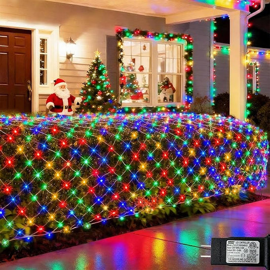 Pooqla Colorful Net Lights, 15x 5ft Christmas Lights Outdoor Clear Wire | 300 LED Large Net Mesh Lights Plug in, 8 Modes Waterproof Connectable Multicolor Bushes Lights for Christmas Hedge Yard Decor