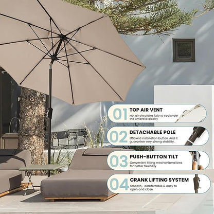 9FT Large Outdoor Patio Umbrella Market Table Umbrella-UV Resistant, Easy Push Button Tilt and Crank, 8 Sturdy Ribs Heavy-Duty Pool Umbrella for Deck,Beige