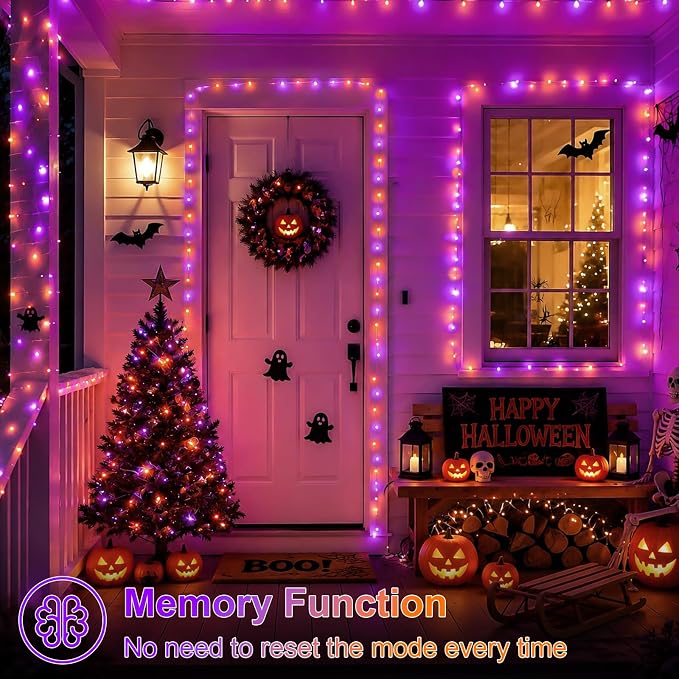 QITONG Solar Halloween Lights Outdoor Waterproof, 2 Pack Each 66ft 200 LED Orange and Purple Fairy Lights with 8 Modes, Silver Wire Christmas Mini String Lights