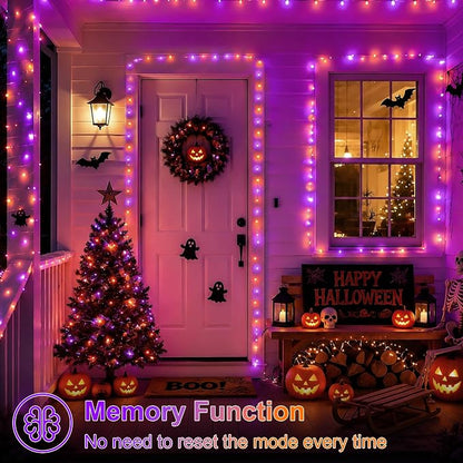 QITONG Solar Halloween Lights Outdoor Waterproof, 2 Pack Each 66ft 200 LED Orange and Purple Fairy Lights with 8 Modes, Silver Wire Christmas Mini String Lights