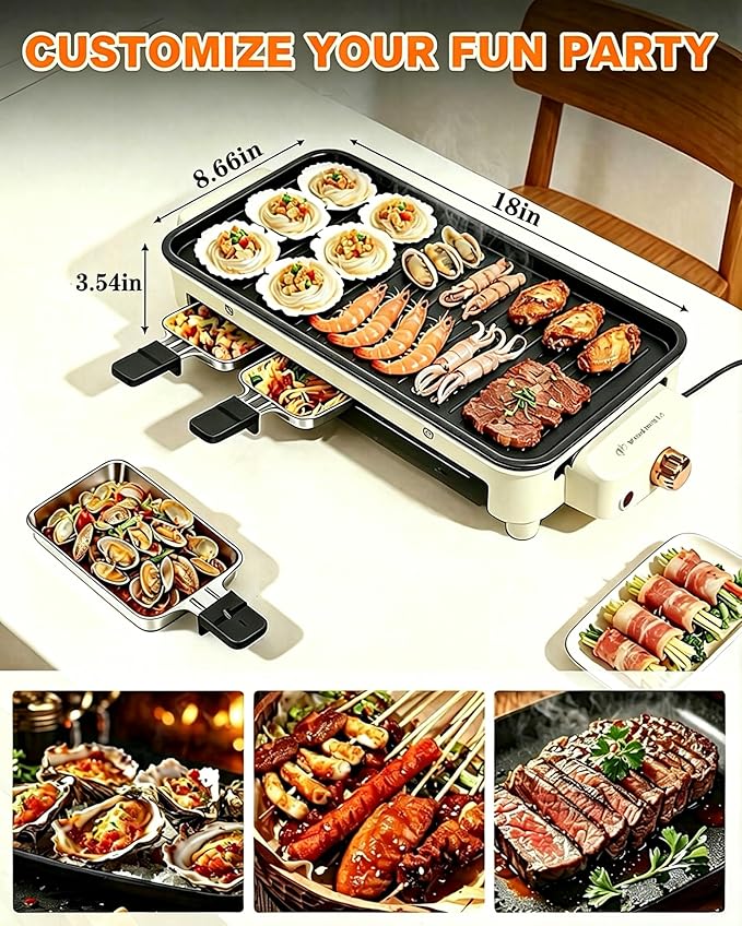 1500W Smokeless Electric Indoor Grill, 3 in 1 Korean Barbecue Grill with Net & Non-Stick Removable Plate and Velcro, Temperature Control & Dishwasher Safe, Smokeless Korean BBQ for Kitchen Party