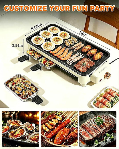 1500W Smokeless Electric Indoor Grill, 3 in 1 Korean Barbecue Grill with Net & Non-Stick Removable Plate and Velcro, Temperature Control & Dishwasher Safe, Smokeless Korean BBQ for Kitchen Party