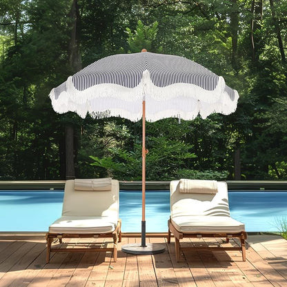 7ft Patio Beach Umbrella with Fringe, Outdoor Umbrella for Poolside, Stripe | MFSTUDIO Tassel Umbrellas UPF50+ with Sand Anchor & Tilt Button, Holiday Outdoor Umbrella with Carry Bag, Ideal for Garden