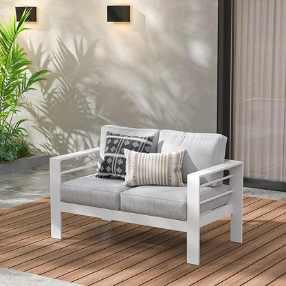 Wisteria Lane Aluminum Outdoor Sofa, Loveseat Sofa Patio Couch All-Weather Rust-Proof Modern Metal Patio Furniture with 5" Thick Olefin Cushions, Light Grey