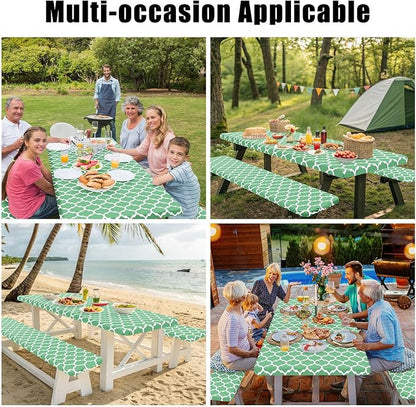 Smiry Picnic Table Cover with Bench Covers, Waterproof Elastic Fitted Tablecloth for 5 Foot Tables, Washable Polyester Tablecloths for Camping, Indoor & Outdoor (Sage Green, 30x60 Inch 3-pc Set)