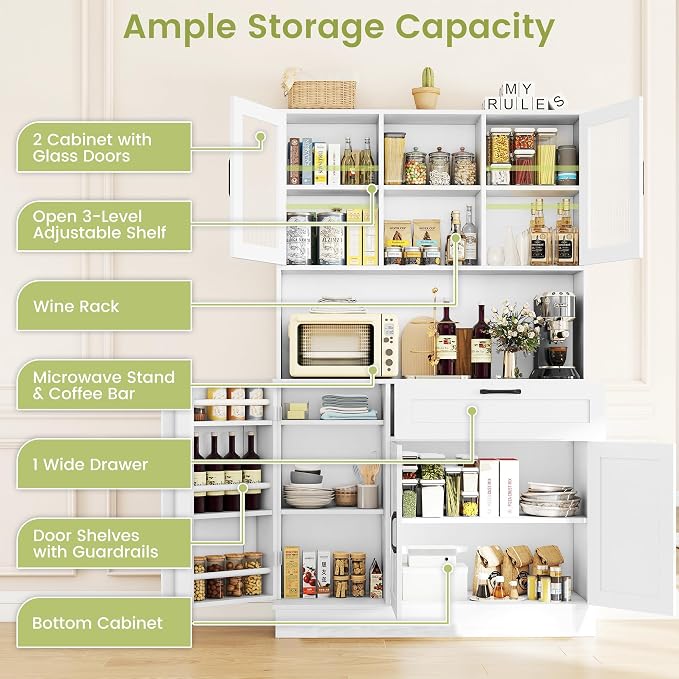 WAYTRIM Pantry Cabinet, White Kitchen Storage Cabinet with 4 Doors and Shelves, Kitchen Hutch Coffee Bar Cabinet with Drawers & Adjustable Shelves, Microwave Stand for Kitchen Dining Room Furniture