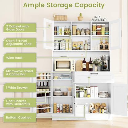 WAYTRIM Pantry Cabinet, White Kitchen Storage Cabinet with 4 Doors and Shelves, Kitchen Hutch Coffee Bar Cabinet with Drawers & Adjustable Shelves, Microwave Stand for Kitchen Dining Room Furniture