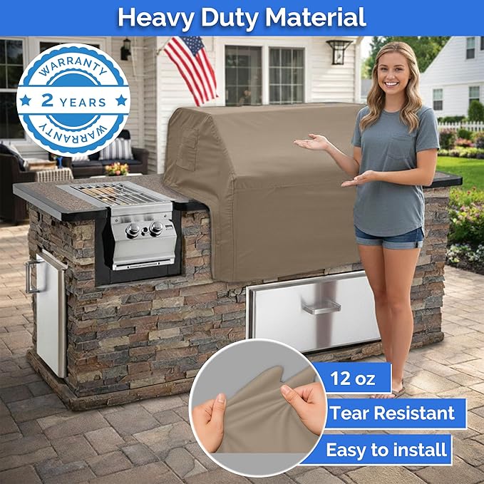 Covers & All Built-in Grill Cover for Outdoor Grill – Heavy Duty 12 oz Waterproof Built-in BBQ Grill Cover, PVC-Coated Polyester with Elastic Hem for Snug Fit (40.5 x 26.75 x 22.25 inches, Beige)
