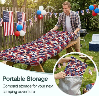 Picnic Table Cover with Bench Covers Camping Essentials Waterproof Windproof Camping Tablecloth with Drawstring Bag, Fitted Rectangle Tables and Seats, 96in, Red Blue Checkered