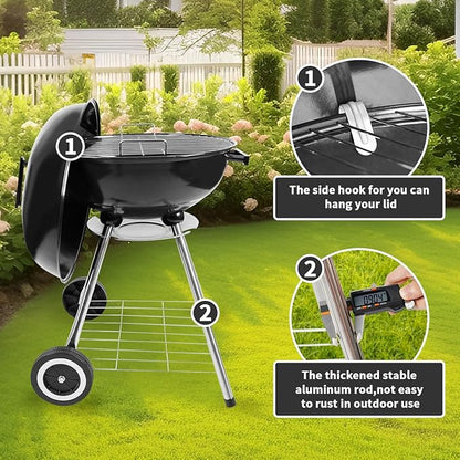 18 Inch Charcoal Grill, BBQ Kettle Grill with Enamel Lid & Ash Catcher, Portable Charcoal Grill for Outdoor Grill Camping and Small Patio Backyard, Includes Wheels for Easy Mobility