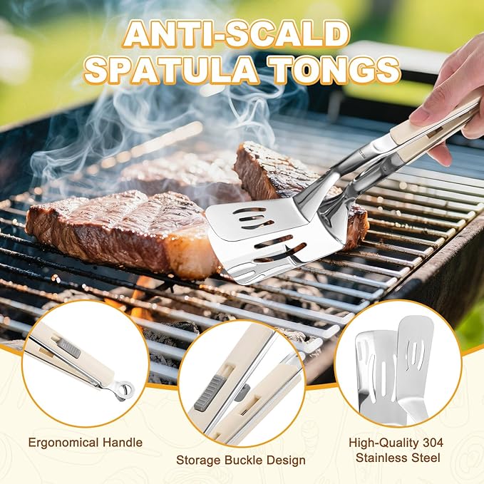 M METERXITY Spatula Tongs, 13.4 Inch 304 Stainless Steel Anti-Scald Extended Multifunctional Flipper Grill Clamp for Cooking/Barbecue, Kitchen Cooking Tongs [White Handle, Silver Tone]