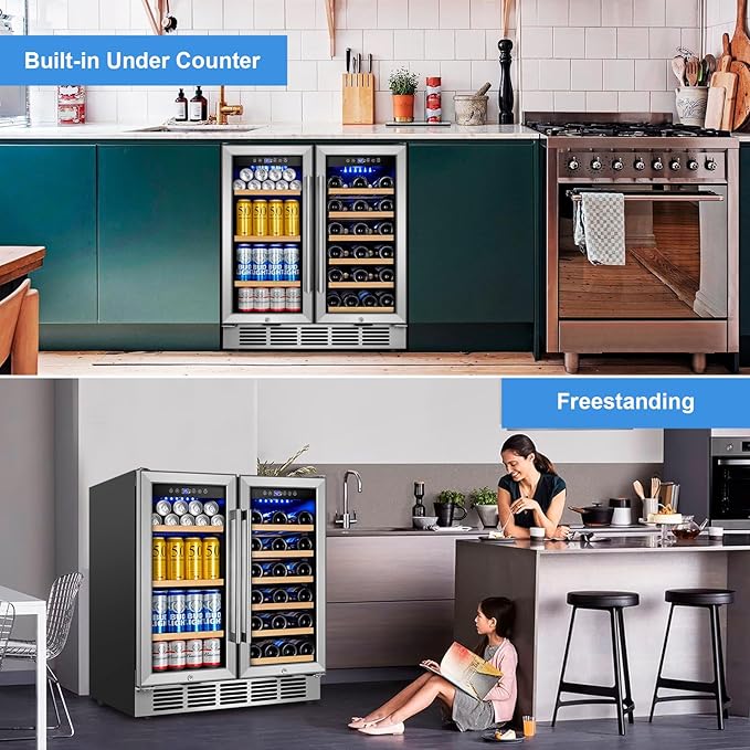 30" Dual Zone Wine and Beverage Refrigerator, Under Counter or Freestanding | 29-Bottle 110-Can capacity, Fast cooling, Ideal for home bar office, Adjustable shelves, Temperature memory, LED display