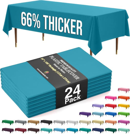 Exquisite 66% Thicker Premium Plastic Table Cloth Rectangle Table Cover 0.5 Mil 24 Pack Turquoise Table Cloth 54 Inch x 108 Inch Disposable Tablecloth Won't Tear Easily Like Cheap Thin Brands