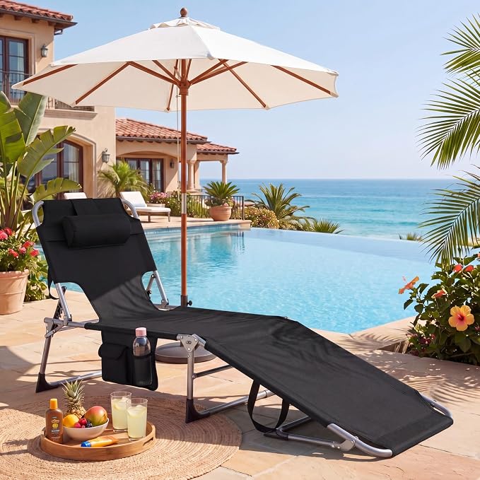 Goplus Tanning Chair, Folding Beach Lounge Chair with Face &Arm Hole, 4-Position Adjustable,Removable Pillow,Side Pocket, Sunbathing Chair, Portable Outdoor Lounge Chair for Patio Pool Lawn (1, Black)