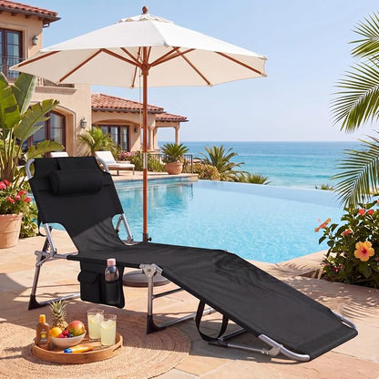 Goplus Tanning Chair, Folding Beach Lounge Chair with Face &Arm Hole, 4-Position Adjustable,Removable Pillow,Side Pocket, Sunbathing Chair, Portable Outdoor Lounge Chair for Patio Pool Lawn (1, Black)