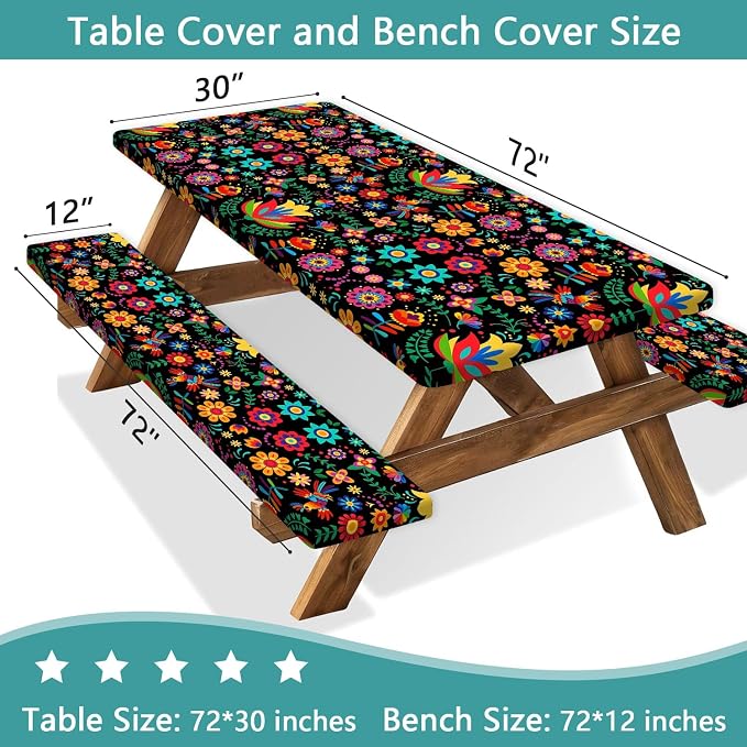 JAWO Mexican Picnic Table Cover Set with Bench Covers Camping Theme Tablecloth 6FT Fitted Picnic Table Cover with Elastic Windproof and Waterproof Fabric, Camping Accessories Patio & Outdoor