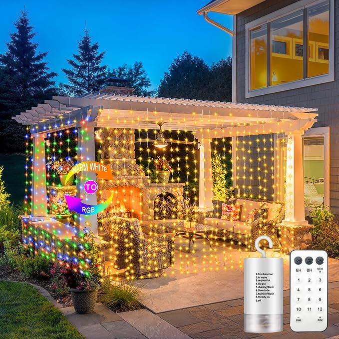 echosari 9.8Ft x 9.8Ft Curtain Lights Battery Operated 2 Color Changing | 300 LED Hanging Lights Warm White & Multicolor with Remote & Hooks, Outdoor Curtain Lights for Party Backdrop Patio Decor