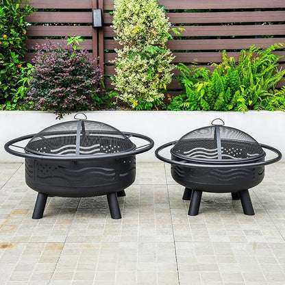 Breezz 38 Inch American Flag Fire Pit with Mesh Cover & Poker, Round Metal Wood Burning Outdoor Firepit for Patio, Garden, Backyard, Bonfire, Ideal for 4th of July, Memorial Day, Christmas