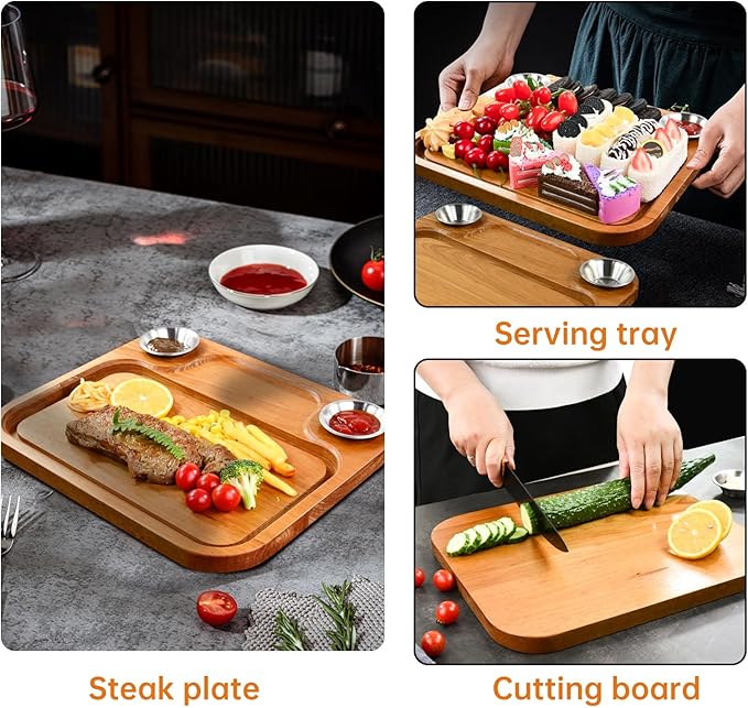 MAVOTER Wooden Steak Plates include 2 Sauce Cups, Wood Steak Board Set Serving Tray for Food Meat Cutting Board with Juice Groove, Charcuterie Board Platter for Home